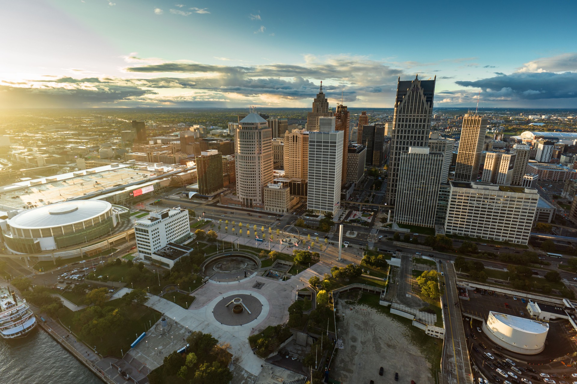 High Angle Aerial Shot of Hart Plaza in Downtown Detroit, Michigan